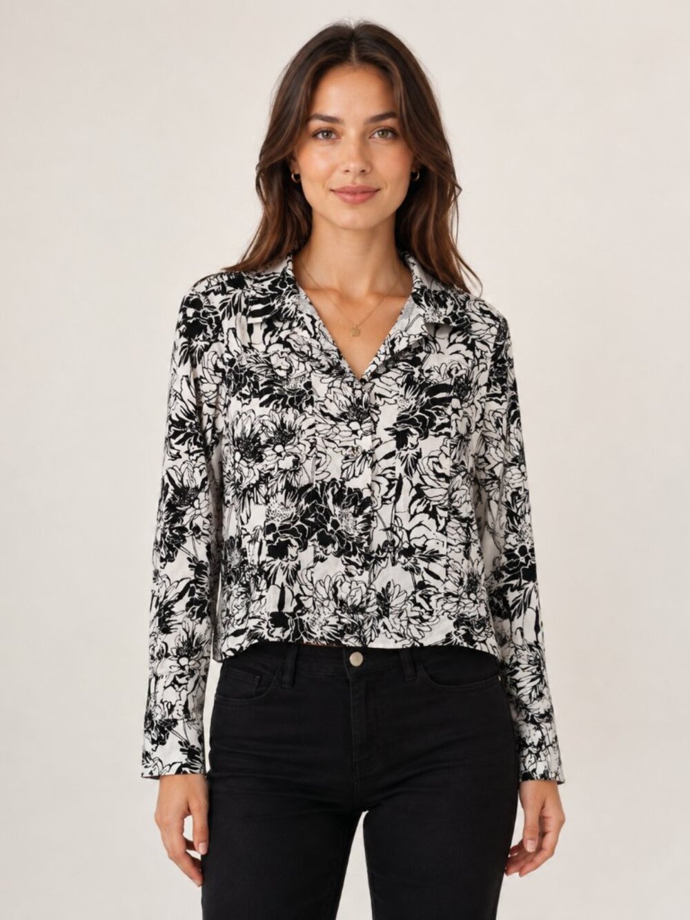 Attyre New York Black White Floral Stretch Cotton Button Front Jacket Size M
